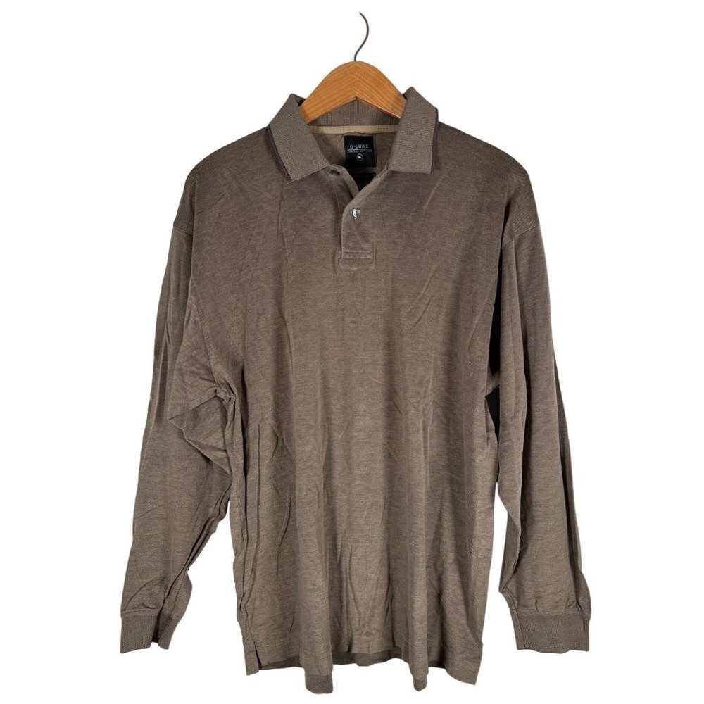 E-Luxe Evergreen Software Mens Size L Tan Pique Cotton‎ Knit Henley Collared L/S